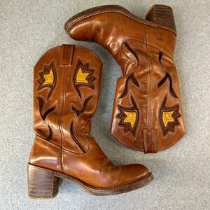 FRYE Sabrina Floral Inlay Campus Boots Brown Leather Western Womens Size 8B Vntg